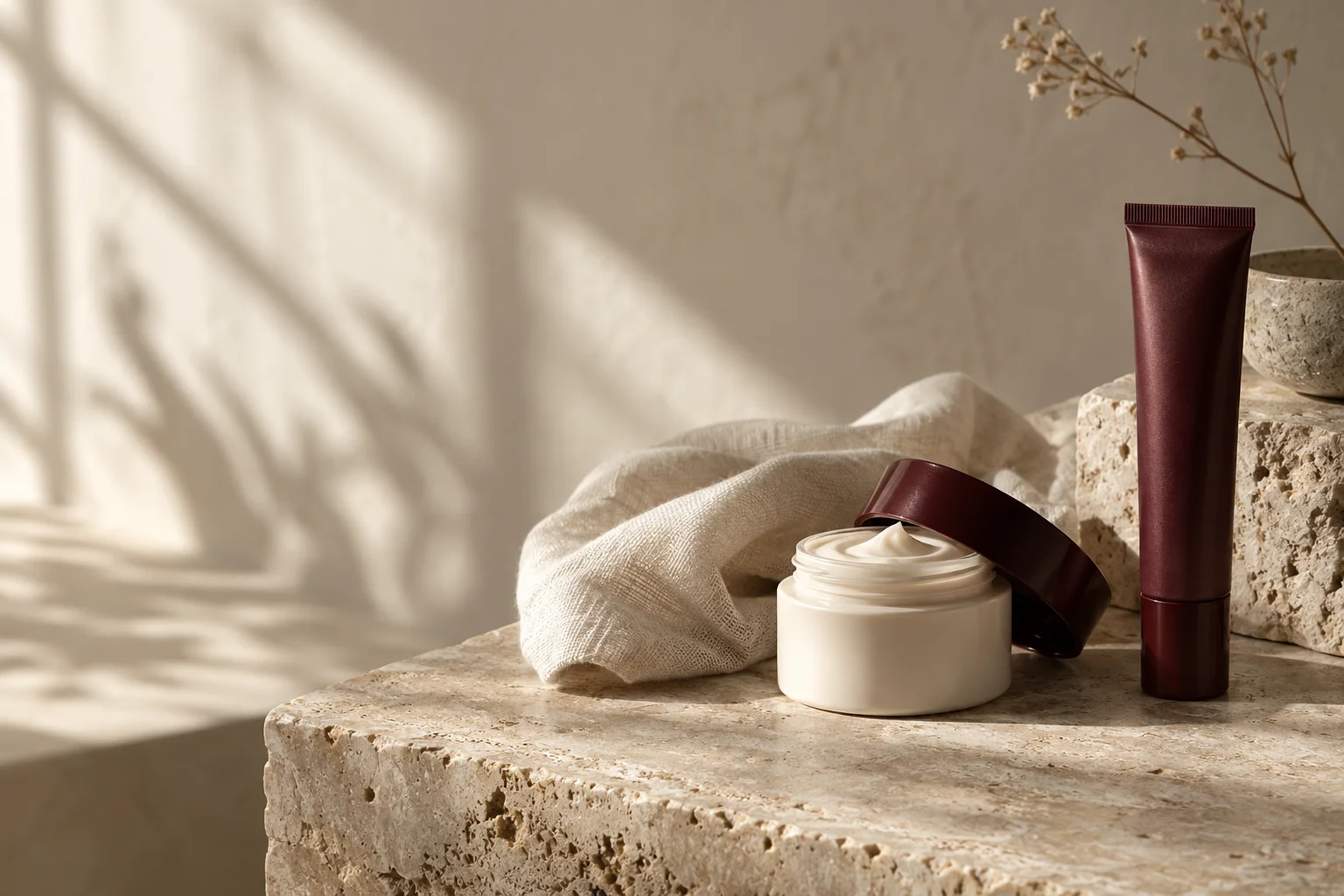 Unbranded ivory cream jar and burgundy tube beside folded linen on a warm limestone slab
